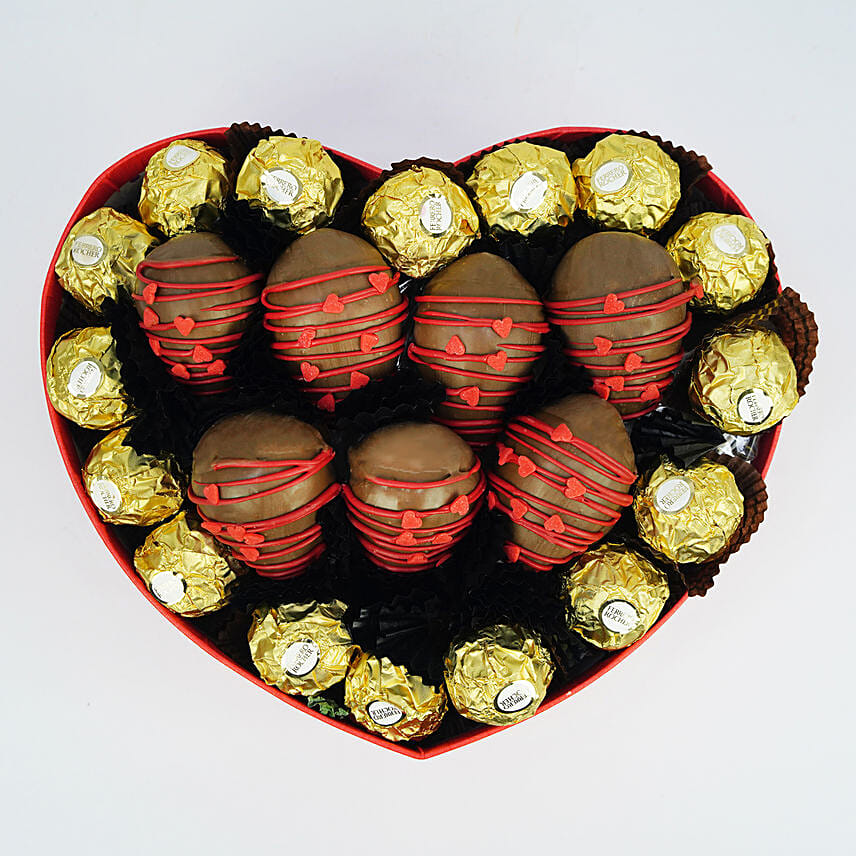 Strawberry and Rocher in Heart Shape Box: Chocolate Covered Strawberries