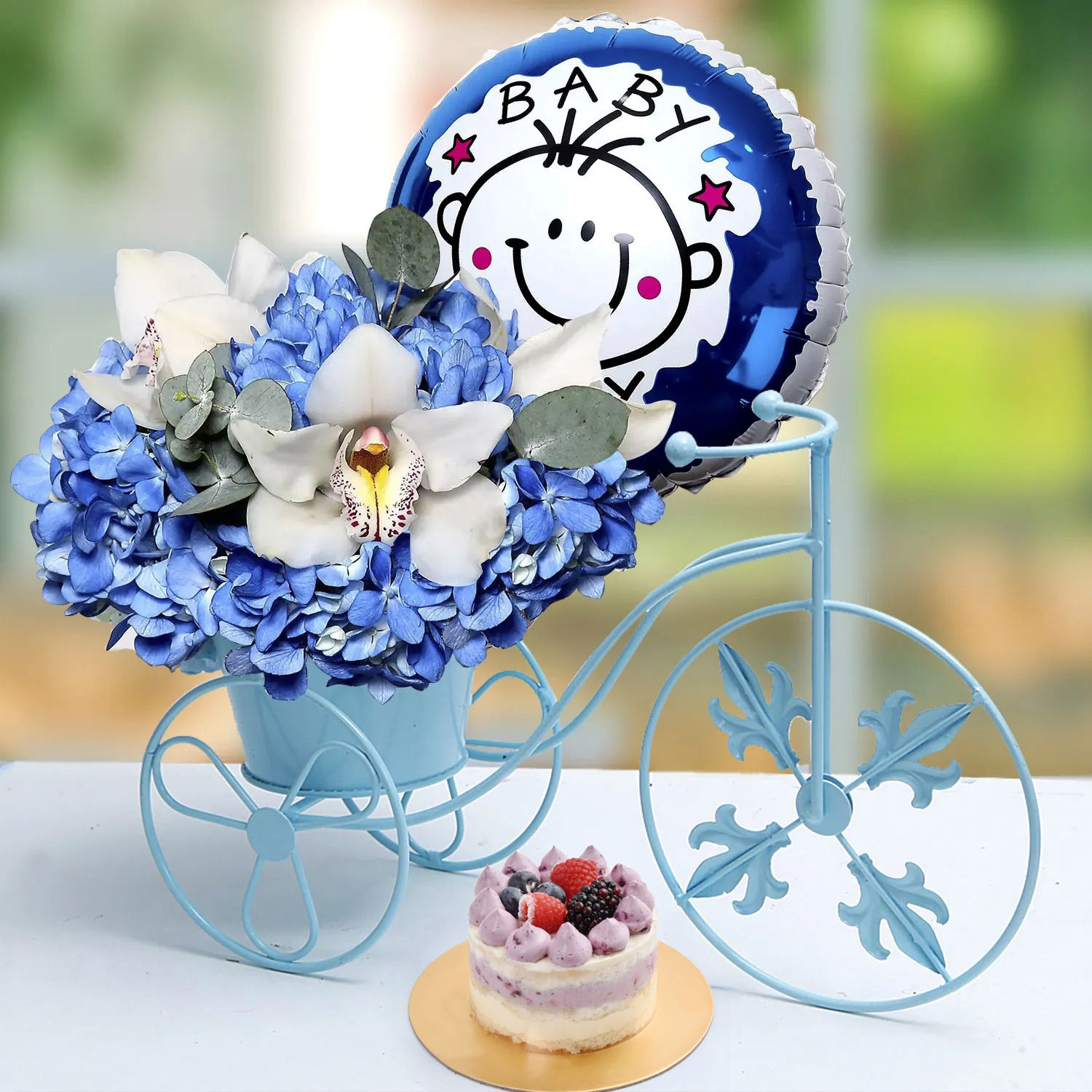 Online Baby Boy Flower Arrangement and Cake Gift Delivery in UAE FNP